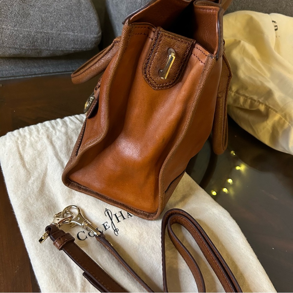 Cole Haan | Vintage Valise Kendra E/W Tote Brown Leather Vibrant Orange Lining - Picture 12 of 16